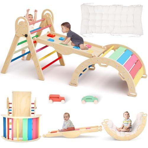 Pikler Triangle Set with Cushion, Montessori Climbing Set, Indoor Climbing Toys, Indoor Playground Jungle Gyms, 9 Combinations Climbing Toy Set for Toddler, Baby, Kids 1-4