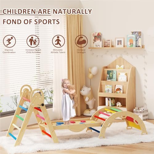 Pikler Triangle Set with Cushion, Montessori Climbing Set, Indoor Climbing Toys, Indoor Playground Jungle Gyms, 9 Combinations Climbing Toy Set for Toddler, Baby, Kids 1-4