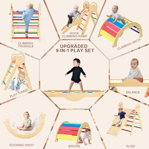 Pikler Triangle Set with Cushion, Montessori Climbing Set, Indoor Climbing Toys, Indoor Playground Jungle Gyms, 9 Combinations Climbing Toy Set for Toddler, Baby, Kids 1-4