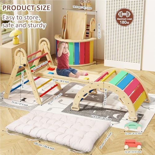 Pikler Triangle Set with Cushion, Montessori Climbing Set, Indoor Climbing Toys, Indoor Playground Jungle Gyms, 9 Combinations Climbing Toy Set for Toddler, Baby, Kids 1-4