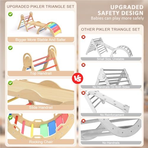 Pikler Triangle Set with Cushion, Montessori Climbing Set, Indoor Climbing Toys, Indoor Playground Jungle Gyms, 9 Combinations Climbing Toy Set for Toddler, Baby, Kids 1-4