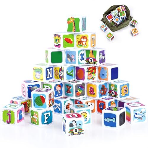 PLAY ABC Building Blocks for Toddlers 1-3, 28 PCS Plastic Baby Alphabet Letters Number Stacking Blocks Set, Preschool Learning Educational Montessori Sensory Toys Gifts for Kids Girls Boys