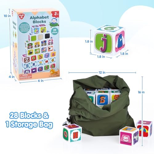 PLAY ABC Building Blocks for Toddlers 1-3, 28 PCS Plastic Baby Alphabet Letters Number Stacking Blocks Set, Preschool Learning Educational Montessori Sensory Toys Gifts for Kids Girls Boys