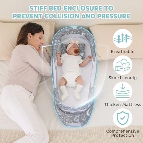 Portable Baby Lounger, Foldable Diaper Bag Babies Nest with 2-in-1 Detaches Mosquito Net & Canopy & Waterproof Pad, Travel Pod Rest Mat, Easy Setup and Storage Ideal for Outdoors Indoors (Gray)