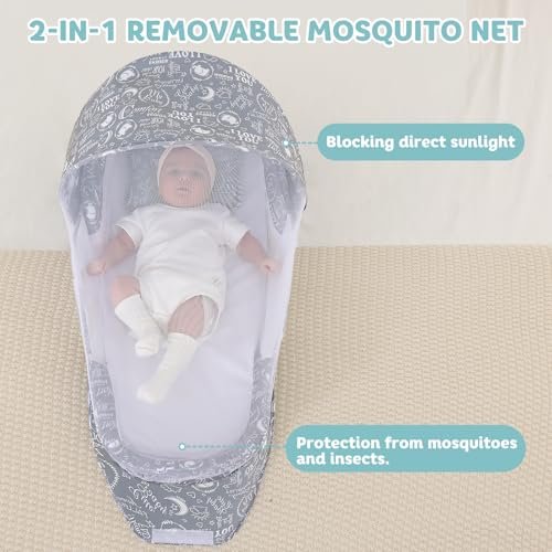 Portable Baby Lounger, Foldable Diaper Bag Babies Nest with 2-in-1 Detaches Mosquito Net & Canopy & Waterproof Pad, Travel Pod Rest Mat, Easy Setup and Storage Ideal for Outdoors Indoors (Gray)