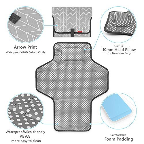 Portable Changing Pad for Baby, Waterproof Travel Changing Pads for Moms, Dads, with Built-in Pillow, Excellent Baby Shower, Registry Gifts