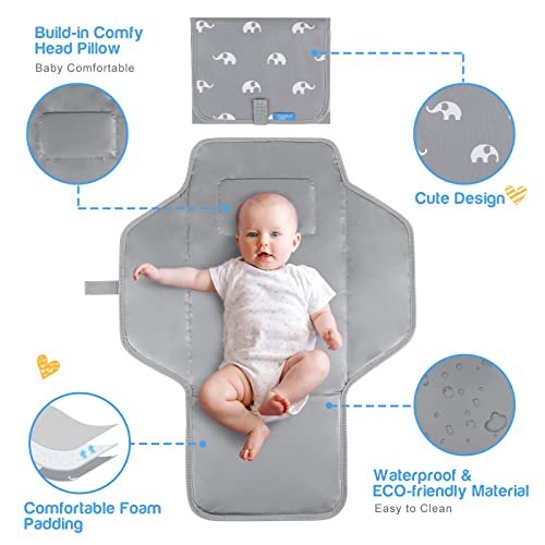 Portable Changing Pad Travel - Waterproof Compact Diaper Changing Mat with Built-in Pillow - Lightweight & Foldable Changing Station(Cute Elephant)