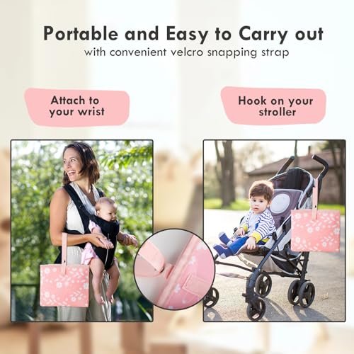 Portable Diaper Changing Pad for Baby - Waterproof Compact Changing Mat with Wrist Strap - Wipeable Travel Changing Pad for Diaper Bag - Gifts for Baby Shower by PHOEBUS BABY(Pink Flowers)