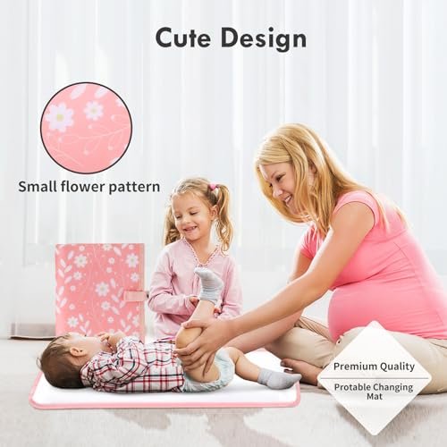 Portable Diaper Changing Pad for Baby - Waterproof Compact Changing Mat with Wrist Strap - Wipeable Travel Changing Pad for Diaper Bag - Gifts for Baby Shower by PHOEBUS BABY(Pink Flowers)