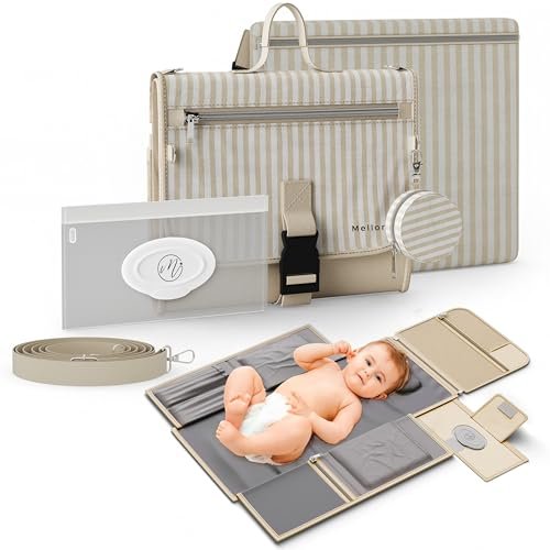 Portable Diaper Changing Pad - Large, Waterproof Travel Changing Pad for Baby with Extra Storage, Wipes Pocket & Pacifier Case - Portable Diaper Changing Station - Beige Striped
