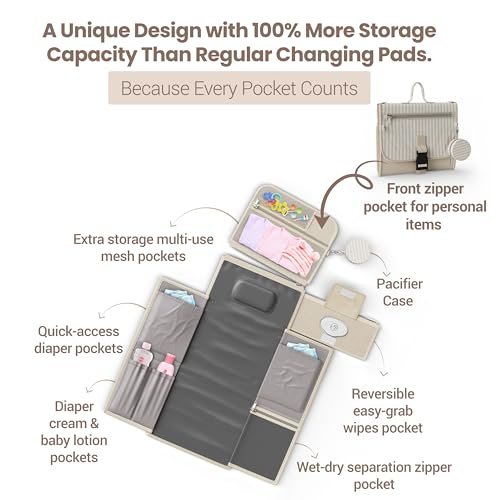 Portable Diaper Changing Pad - Large, Waterproof Travel Changing Pad for Baby with Extra Storage, Wipes Pocket & Pacifier Case - Portable Diaper Changing Station - Beige Striped