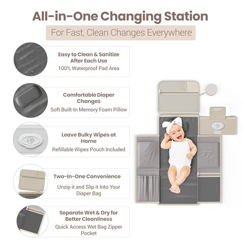 Portable Diaper Changing Pad - Large, Waterproof Travel Changing Pad for Baby with Extra Storage, Wipes Pocket & Pacifier Case - Portable Diaper Changing Station - Beige Striped