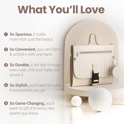 Portable Diaper Changing Pad - Large, Waterproof Travel Changing Pad for Baby with Extra Storage, Wipes Pocket & Pacifier Case - Portable Diaper Changing Station - Beige Striped