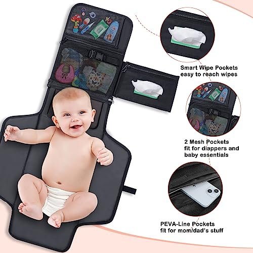 Portable Diaper Changing Pad, Newborn Diaper Changing Pad Baby Changing Pad with Smart Wipes Pocket Waterproof Travel Changing Kit for Girl Boy Baby Shower Gifts (Black)