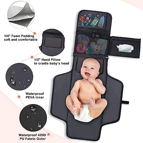 Portable Diaper Changing Pad, Newborn Diaper Changing Pad Baby Changing Pad with Smart Wipes Pocket Waterproof Travel Changing Kit for Girl Boy Baby Shower Gifts (Black)