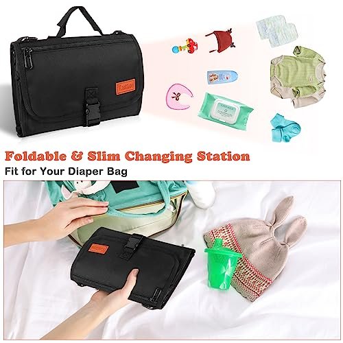 Portable Diaper Changing Pad, Newborn Diaper Changing Pad Baby Changing Pad with Smart Wipes Pocket Waterproof Travel Changing Kit for Girl Boy Baby Shower Gifts (Black)