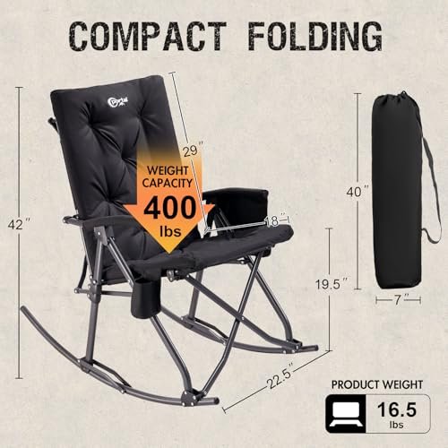 PORTAL Folding Rocking Chair Indoor & Outdoor Thick Padded Rocking Recliner Chair Portable Camping Rocker for Patio Front Porch Backyard Lawn Living Room, Supports 400 LBS, Black
