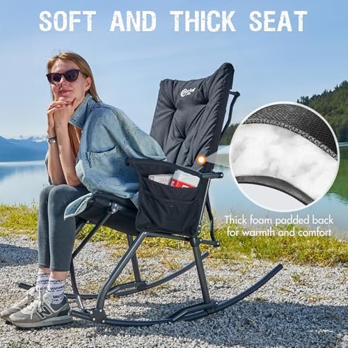 PORTAL Folding Rocking Chair Indoor & Outdoor Thick Padded Rocking Recliner Chair Portable Camping Rocker for Patio Front Porch Backyard Lawn Living Room, Supports 400 LBS, Black