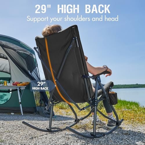 PORTAL Folding Rocking Chair Indoor & Outdoor Thick Padded Rocking Recliner Chair Portable Camping Rocker for Patio Front Porch Backyard Lawn Living Room, Supports 400 LBS, Black