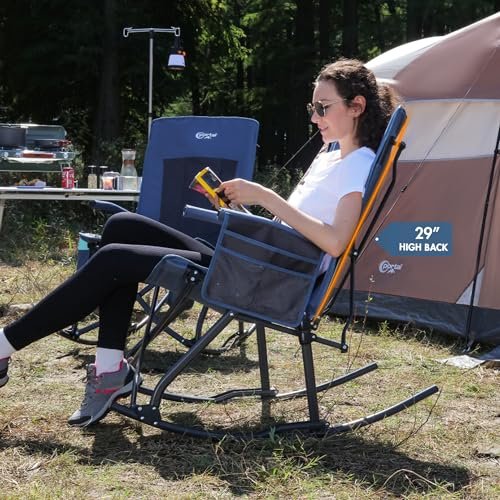 PORTAL Oversized Folding Rocking Camping Chair Portable Outdoor Rocker with High Back Hard Armrests Carry Bag, Supports 400 lbs, Mesh Back