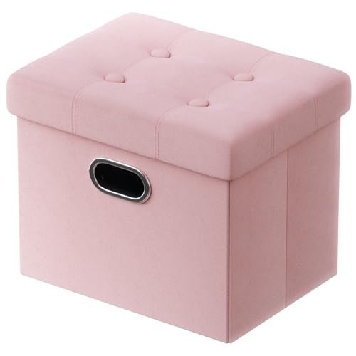 PRANDOM Ottoman with Storage [1-Pack] Velvet Folding Small Square Foot Stool with Lid for Living Room Bedroom Coffee Table Dorm Pink 17x13x13 inches
