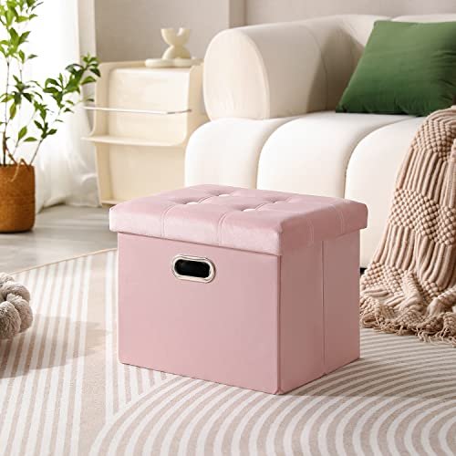 PRANDOM Ottoman with Storage [1-Pack] Velvet Folding Small Square Foot Stool with Lid for Living Room Bedroom Coffee Table Dorm Pink 17x13x13 inches