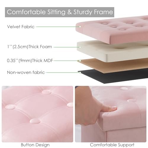 PRANDOM Ottoman with Storage [1-Pack] Velvet Folding Small Square Foot Stool with Lid for Living Room Bedroom Coffee Table Dorm Pink 17x13x13 inches