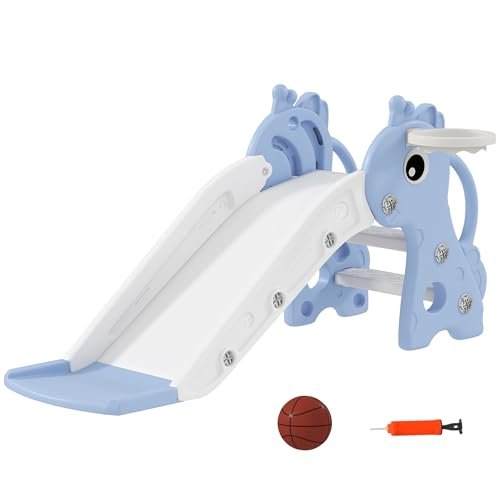 Qaba Toddler Slide with Climber, Basketball Hoop and Ball, Indoor Kids Slide with Giraffe Design, Freestanding Playground Equipment for Age 1-3 Years, Blue