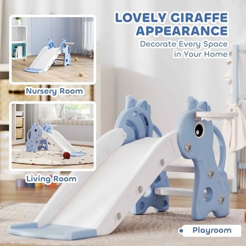 Qaba Toddler Slide with Climber, Basketball Hoop and Ball, Indoor Kids Slide with Giraffe Design, Freestanding Playground Equipment for Age 1-3 Years, Blue