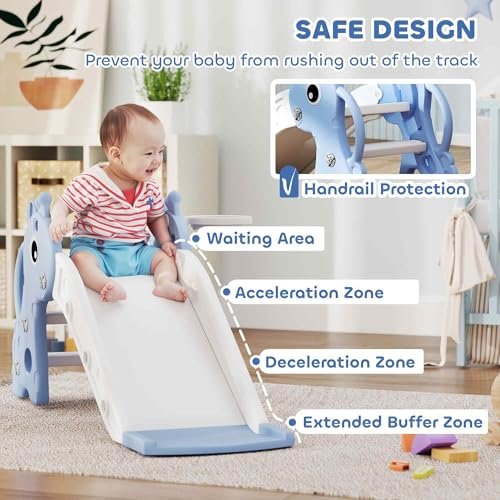 Qaba Toddler Slide with Climber, Basketball Hoop and Ball, Indoor Kids Slide with Giraffe Design, Freestanding Playground Equipment for Age 1-3 Years, Blue