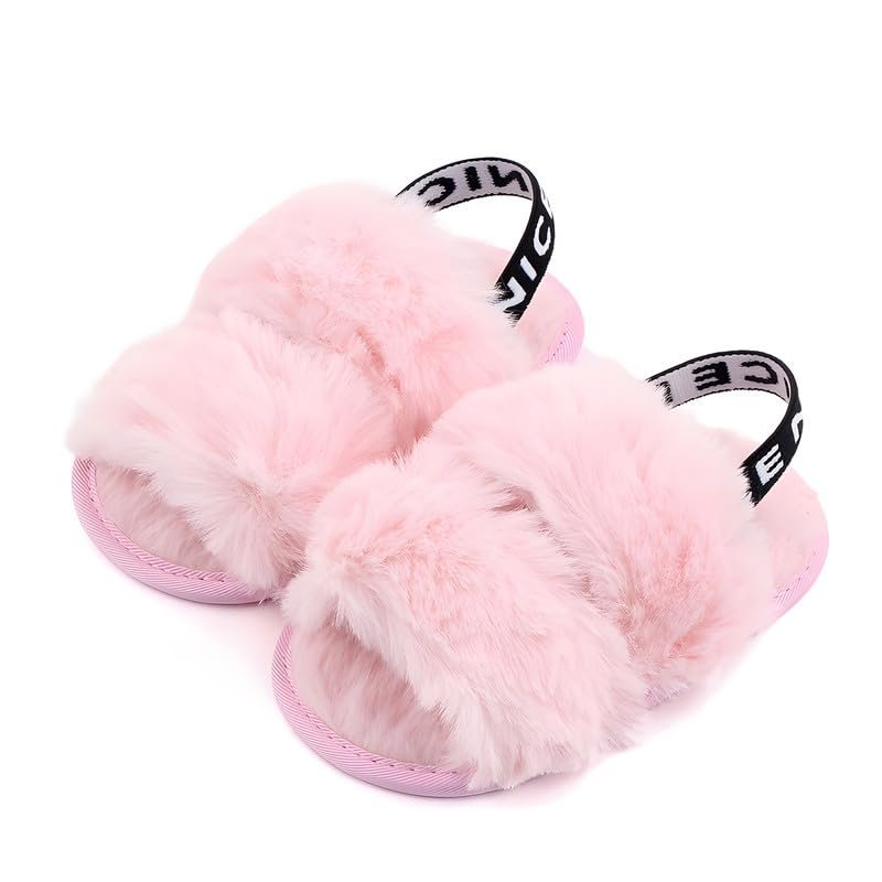 QIETION Girl's Soft Plush Lightweight House Slippers Non Slip Cross Band Slip on Open Toe Cozy Indoor Outdoor Slippers