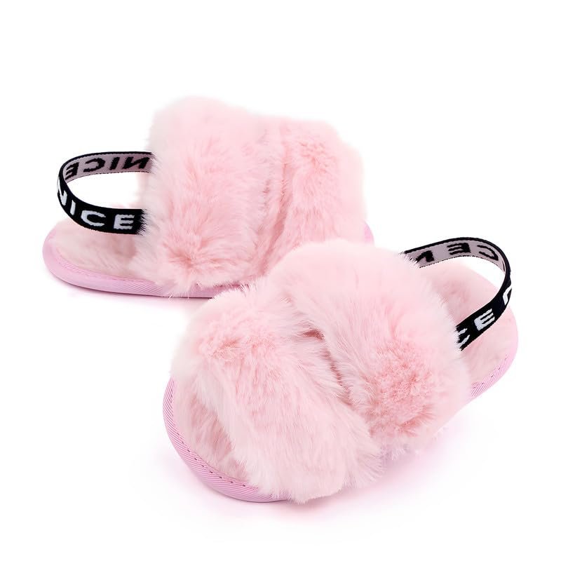 QIETION Girl's Soft Plush Lightweight House Slippers Non Slip Cross Band Slip on Open Toe Cozy Indoor Outdoor Slippers