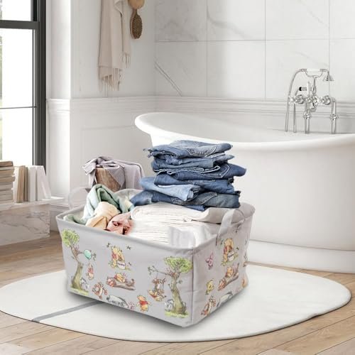 Rectangle Cute Bear Nursery Storage Basket With A Waterproof PE Coating, Foldable Large Canvas Laundry Hamper, Decorative Storage Baskets Suitable For Bathroom and Bedroom (Gray)