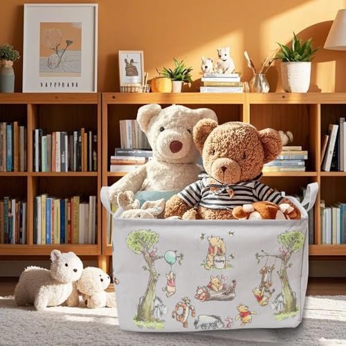 Rectangle Cute Bear Nursery Storage Basket With A Waterproof PE Coating, Foldable Large Canvas Laundry Hamper, Decorative Storage Baskets Suitable For Bathroom and Bedroom (Gray)