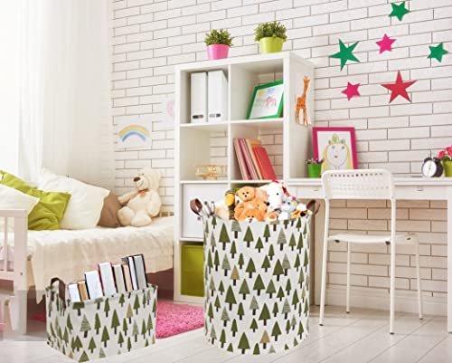 Rectangular Canvas Storage Bins,Waterproof Storage Basket,Collapsible Toy Organizer Bin with Handles for Clothes Storage, Kid's Toy Box,Book Bag (Tree)