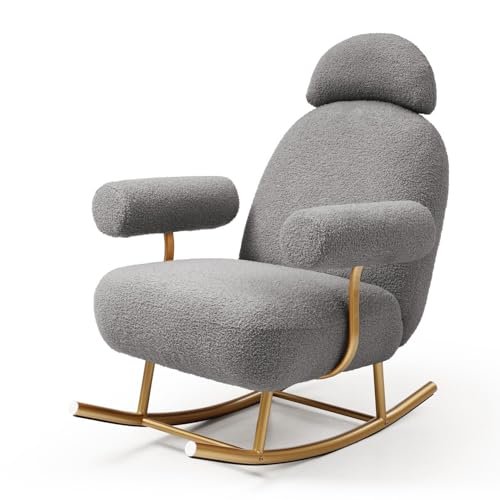 Rocking Chair Nursery, Modern Sherpa Fabric Glider Rocker Rocking with Gold Metal Frame, Rocking Accent Chairs for Living Room, Bedroom, Office (Gray Teddy)