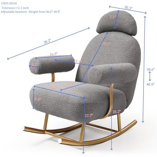 Rocking Chair Nursery, Modern Sherpa Fabric Glider Rocker Rocking with Gold Metal Frame, Rocking Accent Chairs for Living Room, Bedroom, Office (Gray Teddy)