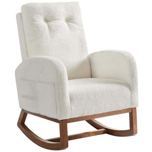 Rocking Chair Nursery, Rocking Chairs with Solid Wood Legs, Teddy Fabric, Glider Chair with Upholstered High Backrest, Nursery Chair for Living Room, Baby Room, Bedroom