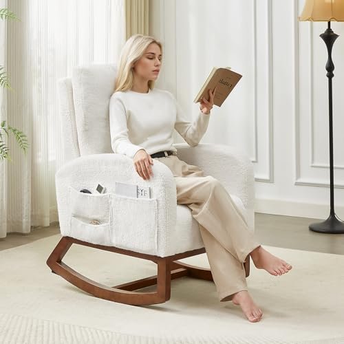 Rocking Chair Nursery, Rocking Chairs with Solid Wood Legs, Teddy Fabric, Glider Chair with Upholstered High Backrest, Nursery Chair for Living Room, Baby Room, Bedroom