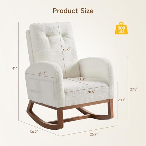 Rocking Chair Nursery, Rocking Chairs with Solid Wood Legs, Teddy Fabric, Glider Chair with Upholstered High Backrest, Nursery Chair for Living Room, Baby Room, Bedroom
