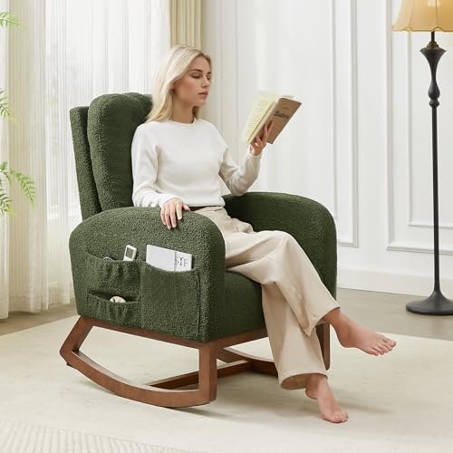 Rocking Chair Nursery, Rocking Chairs with Solid Wood Legs, Teddy Fabric, Glider Chair with Upholstered High Backrest, Nursery Chair for Living Room, Baby Room, Bedroom (Green)