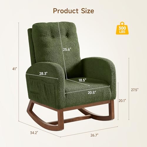 Rocking Chair Nursery, Rocking Chairs with Solid Wood Legs, Teddy Fabric, Glider Chair with Upholstered High Backrest, Nursery Chair for Living Room, Baby Room, Bedroom (Green)