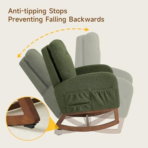 Rocking Chair Nursery, Rocking Chairs with Solid Wood Legs, Teddy Fabric, Glider Chair with Upholstered High Backrest, Nursery Chair for Living Room, Baby Room, Bedroom (Green)