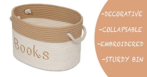Rope Storage Basket - 15 x 11 x 9 Book Storage Bin - Embroidered Storage Bins - Tote Bin for Nursery, Playroom, Living Room, Classroom (Book Bin)