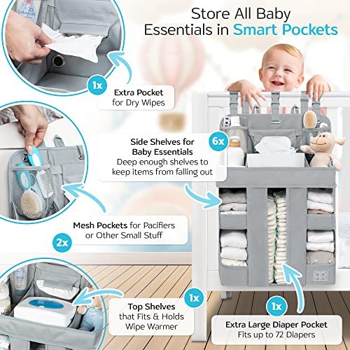 ROYAL RUSU Premium Diaper Organizer for Crib, Changing Table, Playard, Wall & Door – Hanging Caddy for Baby Essentials – Nursery Storage Gift for Boys & Girls