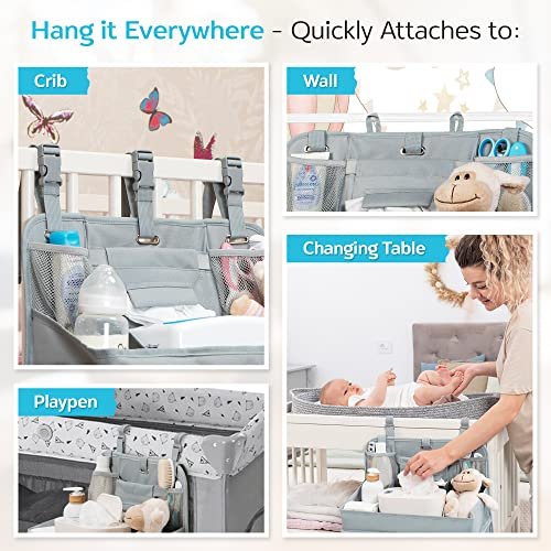 ROYAL RUSU Premium Diaper Organizer for Crib, Changing Table, Playard, Wall & Door – Hanging Caddy for Baby Essentials – Nursery Storage Gift for Boys & Girls