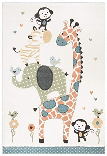 SAFAVIEH Carousel Kids Collection Accent Rug - 4' x 6', Ivory, Animal Design, Non-Shedding & Easy Care, Ideal for High Traffic Areas for Boys & Girls in Playroom, Nursery, Bedroom (CRK120A)