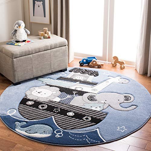 SAFAVIEH Carousel Kids Collection Area Rug - 5'3" Round, Blue & Grey, Animal Design, Non-Shedding & Easy Care, Ideal for High Traffic Areas for Boys & Girls in Playroom, Nursery, Bedroom (CRK121B)