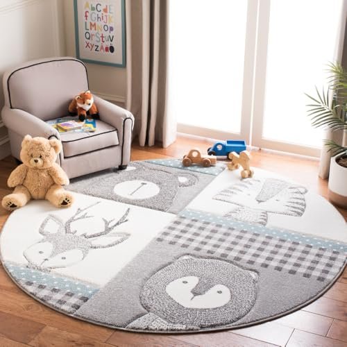 SAFAVIEH Carousel Kids Collection Area Rug - 5'3" Round, Grey & Ivory, Animal Design, Non-Shedding & Easy Care, Ideal for High Traffic Areas for Boys & Girls in Playroom, Nursery, Bedroom (CRK188B)