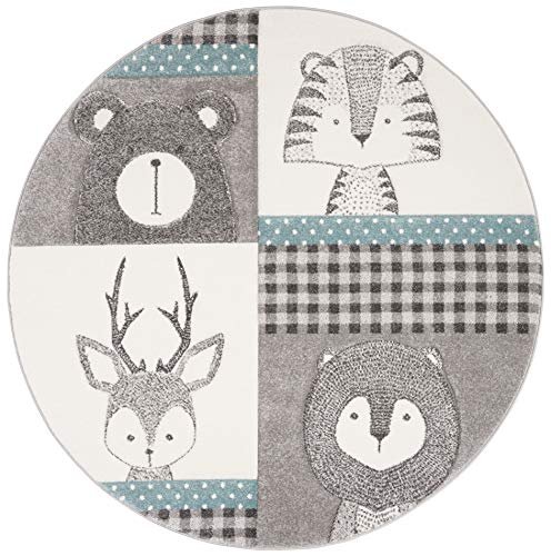 SAFAVIEH Carousel Kids Collection Area Rug - 5'3" Round, Grey & Ivory, Animal Design, Non-Shedding & Easy Care, Ideal for High Traffic Areas for Boys & Girls in Playroom, Nursery, Bedroom (CRK188B)